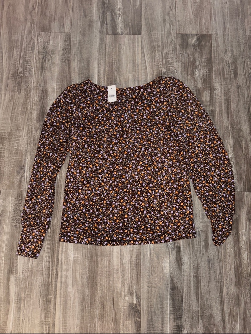 Ann Taylor Black Floral Long-Sleeve Blouse with Orange and Lavender Accents